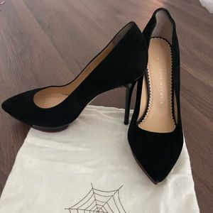 CHARLOTTE OLYMPIA DEBBIE BLACK SUEDE PLATFORM PUMPS